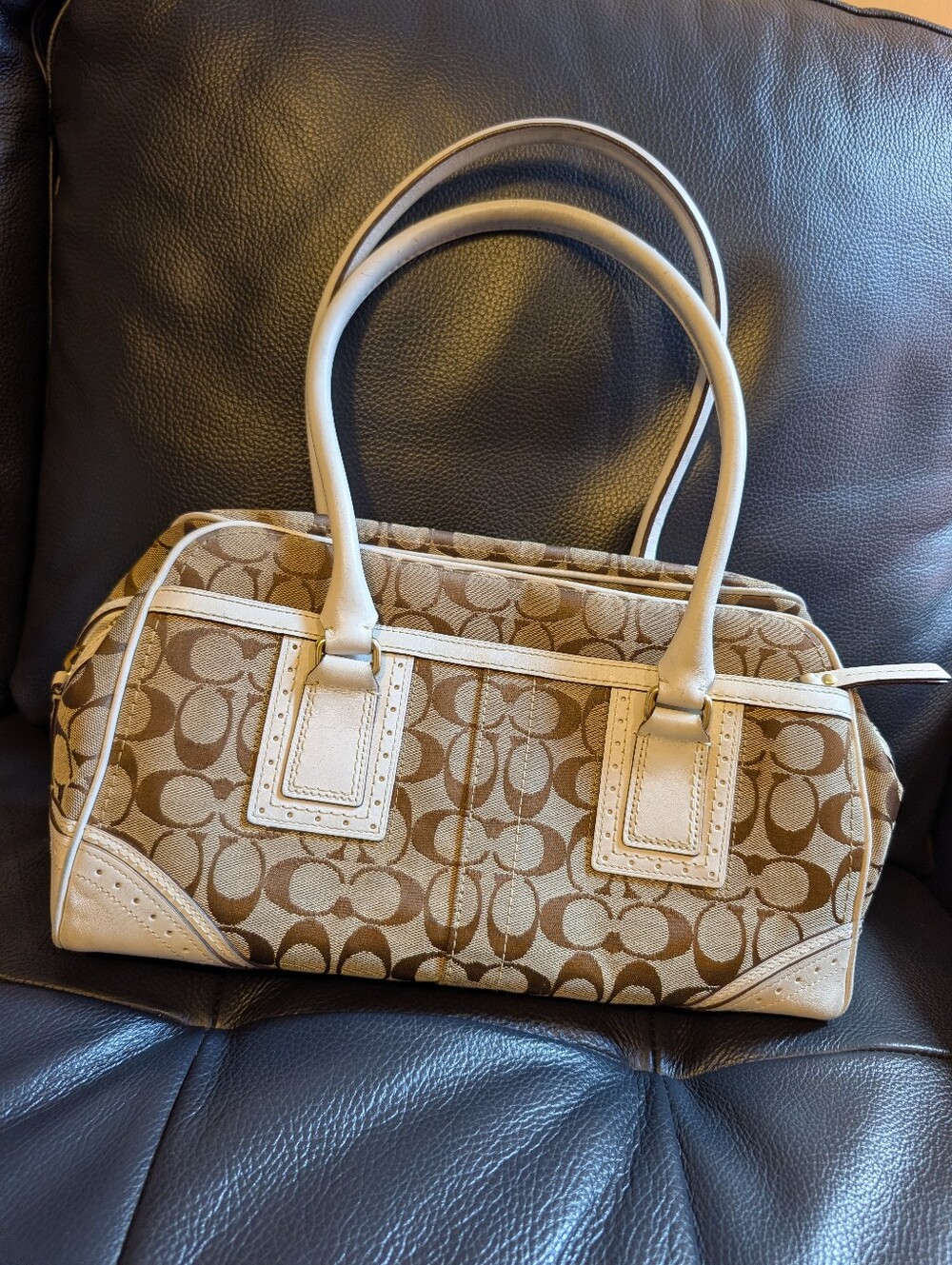 COACH 10533 Hand bag Tote Bag Leather Canvas Brown Signature Y2K